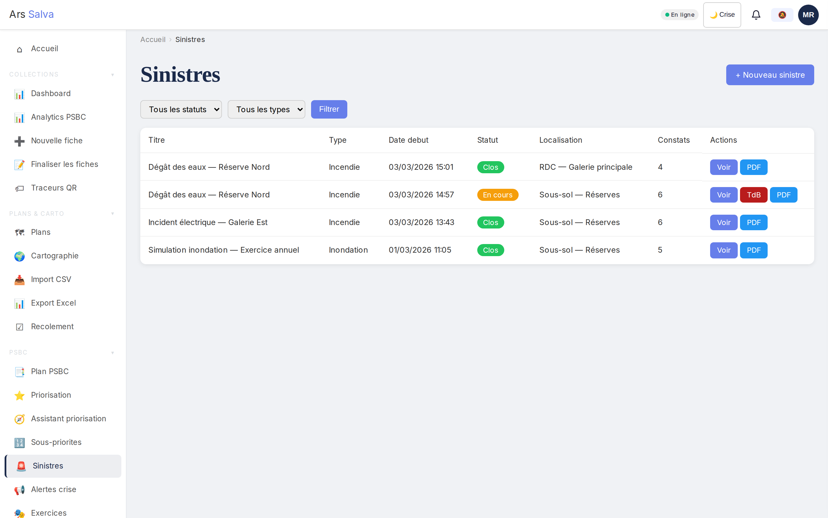 Module exercices de crise avec scénarios et chronométrage