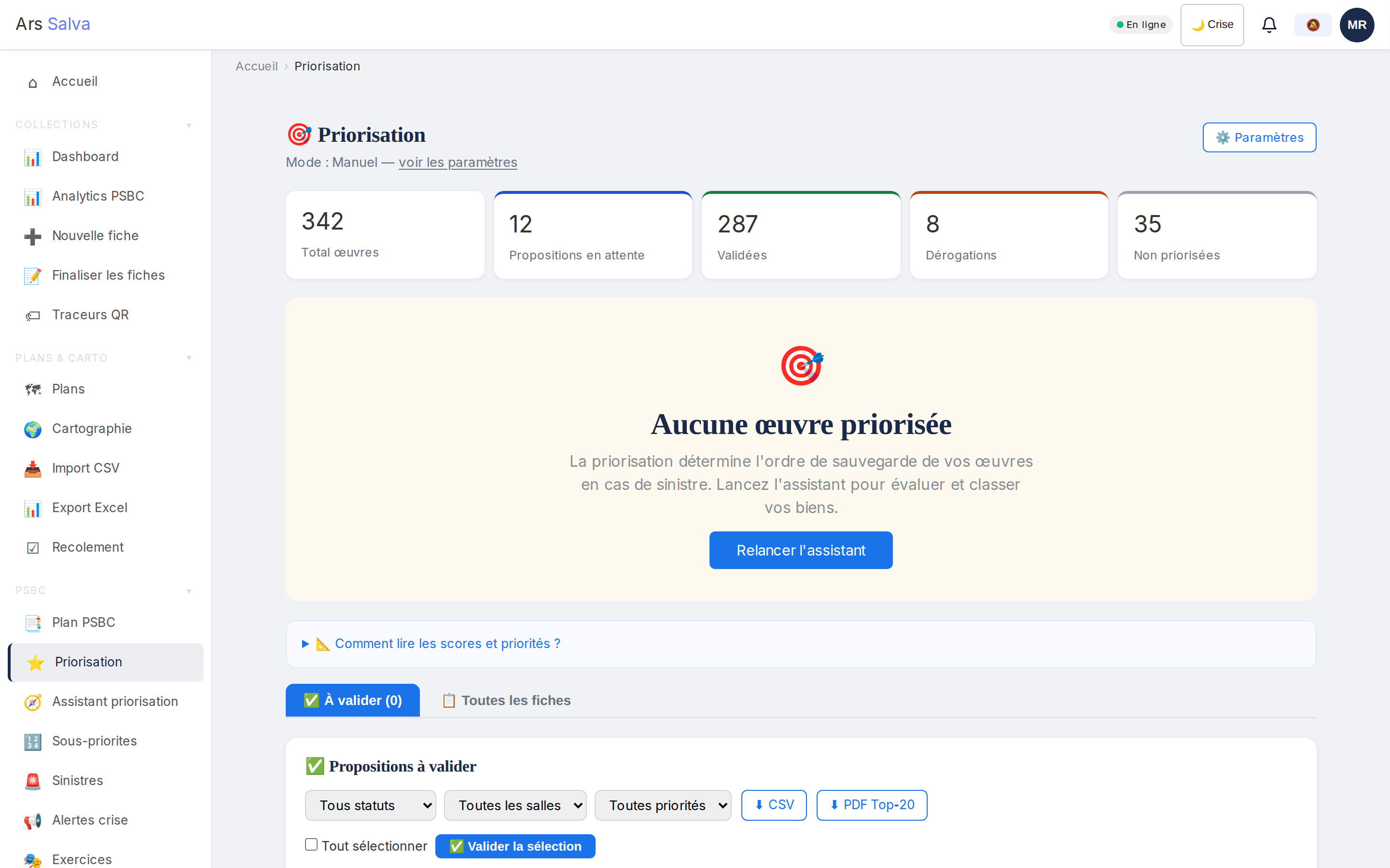 Fiche œuvre détaillée avec photo, priorité et localisation