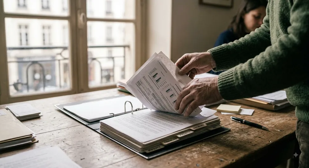 Mains classant des pages dans un classeur à onglets