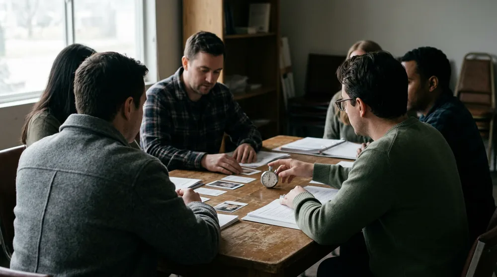 Équipe réunie autour d'une table pour un exercice de crise sur table, chronomètre et fiches scénario