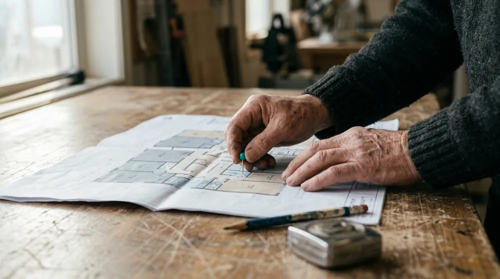 Mains posant une épingle de priorité sur un plan de bâtiment imprimé