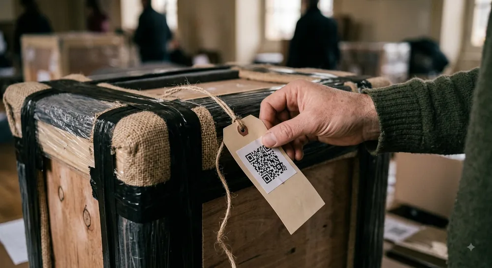 Main attachant une étiquette QR code sur une caisse d'œuvre au point de regroupement