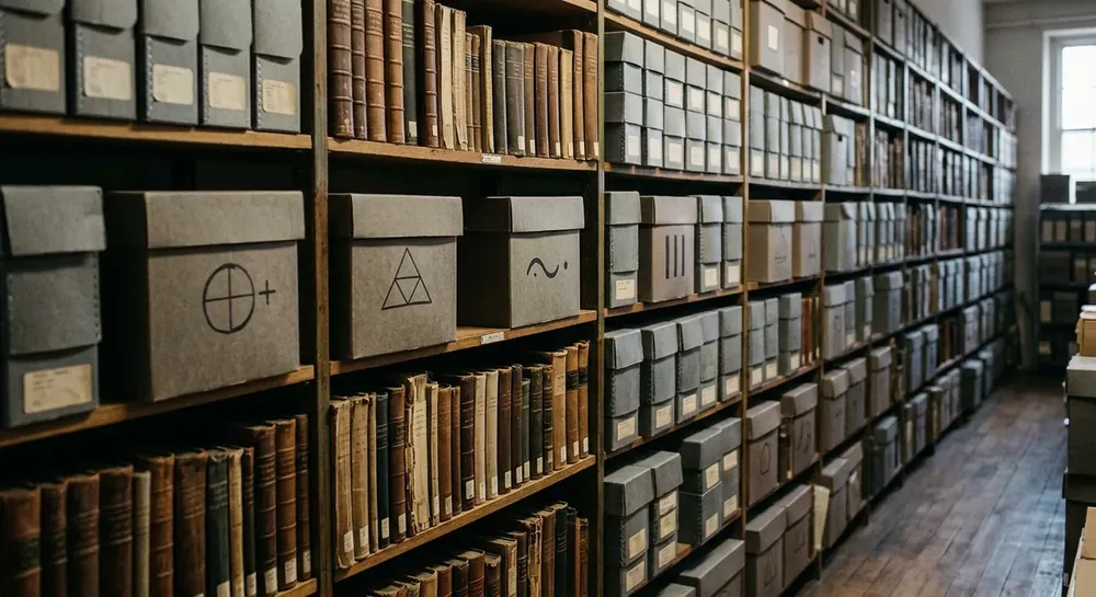 Rayonnages d'archives avec boîtes de conservation et ouvrages anciens