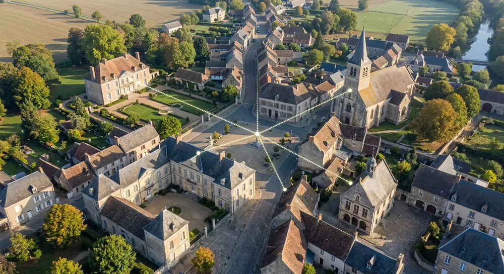 Vue aérienne d'un village avec plusieurs bâtiments patrimoniaux reliés par des pointillés