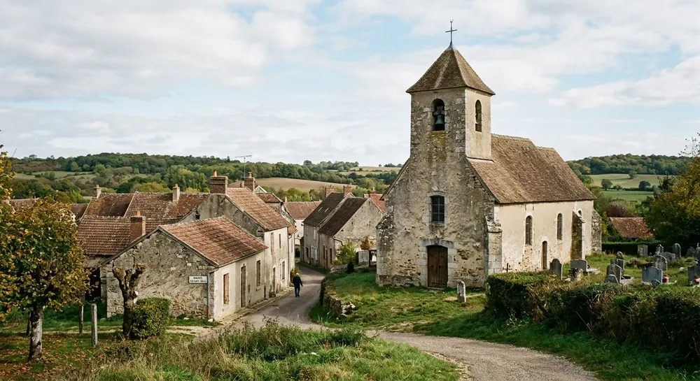 Village avec église et clocher, maisons en pierre et cimetière