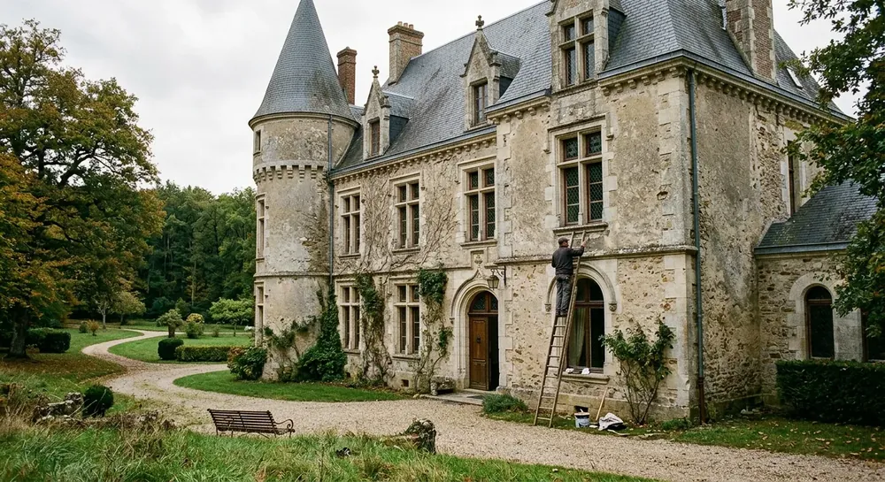 Château historique en pierre avec tourelle, entretien en cours sur la façade