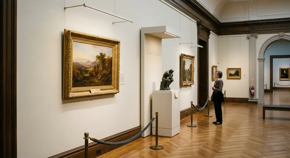 Galerie de musée avec tableaux encadrés, sculpture sur socle et visiteur observant les œuvres